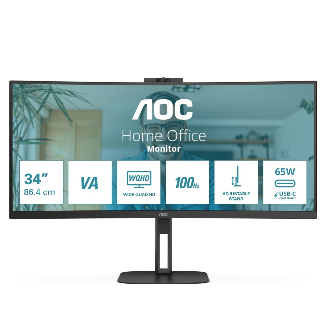 AOC CU34V5CW/BK 34inch Monitor Curved Ultra Wide WQHD 3440x1440p, 165Hz, 1ms, FreeSync Premium, Flicker-Free, Adjustable Stand, Built-in Speakers, Low Blue Light, USB Hub, Respawn 3-Year Warranty