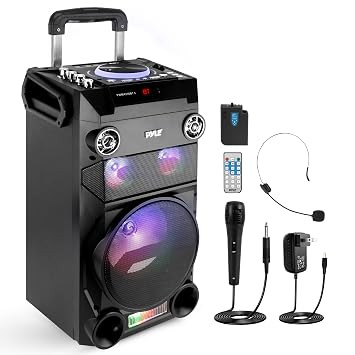 Pyle Portable Wireless Bluetooth Karaoke PA Loud Speaker - 8'' Subwoofer Sound System with DJ Lights, Rechargeable Battery, FM Radio, USB/Micro SD Reader, Microphone, Remote, Black