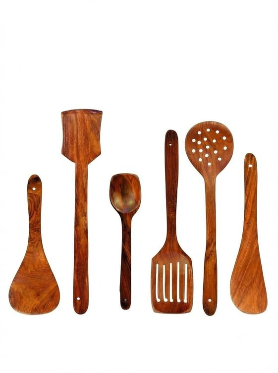 Green Wood Stylish Wooden 6 Pcs Cooking Spoon, Kitchen Tool Set - Serving Spoon, Table Spoon, Salad Spoon, Measuring Spoon | Medium, Non-Chemical, Eco-Friendly